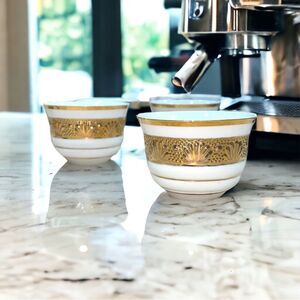 VTG 6 Turkish Arabic Espresso Coffee Cups Shots White China Gold Leaf Appliqué